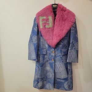 Rare Runway Fendace Medusa head Zucca monogram Denim Jacket faux fur attachment